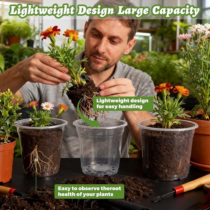 12 Pack 4/6/8/10 Inch Clear Nursery Pots for Plants, Large Size Clear Plant Pots with Drainage Holes, Plastic Nursery Pots for Indoor and Outdoor Planting Vegetables, Orchids, Aloe