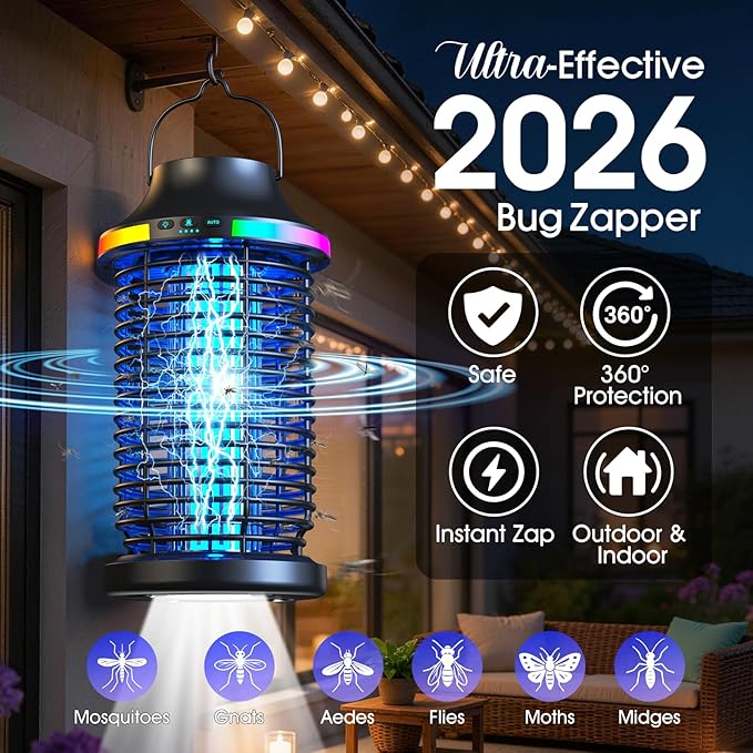 Bug Zapper Outdoor Cordless, 2026 Upgraded 4200V Electric Mosquito Zapper 5 in 1 Rechargeable Bug Zapper Outdoor Waterproof with 5000mAH Battery, Portable Fly Zapper Insect Zapper for Patio Camping