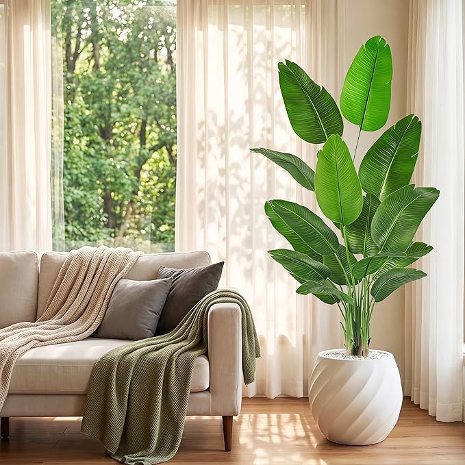 Birds of Paradise Plant Artificial, 6.6FT Fake Plant Faux Banana Leaf Tree with 15 Banana Leaves, Lifelike Tall Fake Tropical Palm Indoor Silk Floor Plant in Black Pot for House,Office,Room,Home Decor