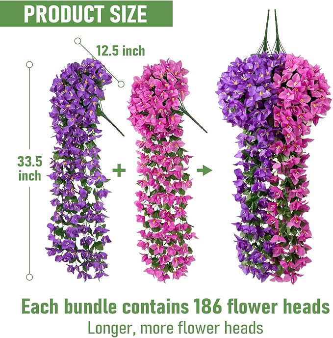 ATTGREAT Artificial Bougainvillea for Outdoors Faux Plants UV Resistant Flowers Fake Plastic Plants Realistic Silk Flowers for Porch Planter Garden Hanging Decoration, 2Pcs (Purple & Purple Red)