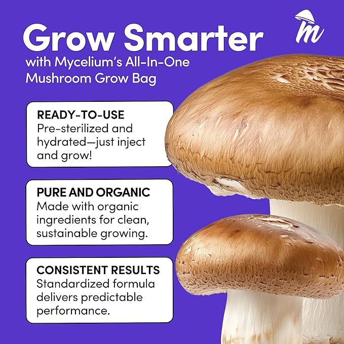 Mycelium 4LB Mushroom Grow Kit | All-in-One CVG Substrate & Rye Berries Grain Bag | Pre-Sterilized with Injection Port & Filter Patch | Grow Dung-Loving Mushrooms with Ease – Just Add Liquid Culture
