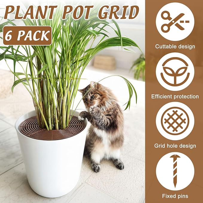 Nuanchu 6 Pcs Plant Pot Covers Grid Soil Protector from Animals 11.8" Cuttable Flower Protector Cat Digging Stopper Plant Pot Cover with Stakes for Indoor Outdoor Gardening, Round Square(Brown)