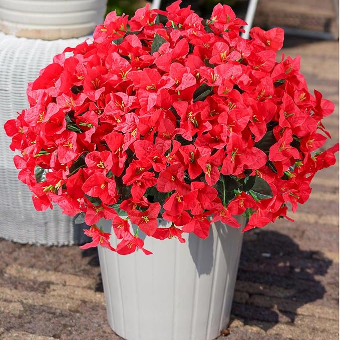 Bougainvillea Artificial Flowers for Outdoors Faux Plants Spring Summer Decor, 4 Bundles Red UV Resistant Fake Outdoor Flowers Silk Flowers for Outside Realistic for Planters Patio Porch Garden Home