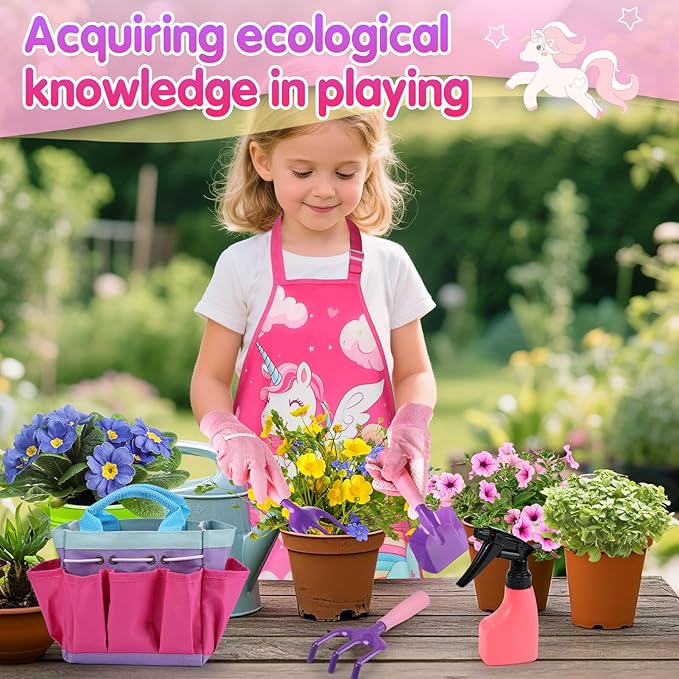 Kids Gardening Tool Set - Garden Tools for Kids with Shovel Trowel Rake Apron Gloves Watering Can and Tote Bag, Outdoor Toys Great Gifts for 3 4 5 6 7 8+ Years Old Girls (Unicorn Style)