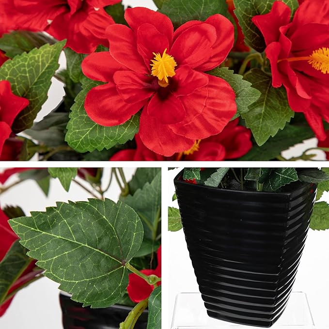 Briful 15.7'' Artificial Hibiscus Plant in Tall Black Woven Planter, Tropical Faux Hibiscus Flowers with Cascading Leaves, Small Fake Flower Pot for Bathroom, Entryway Table, Living Room Decor, Red