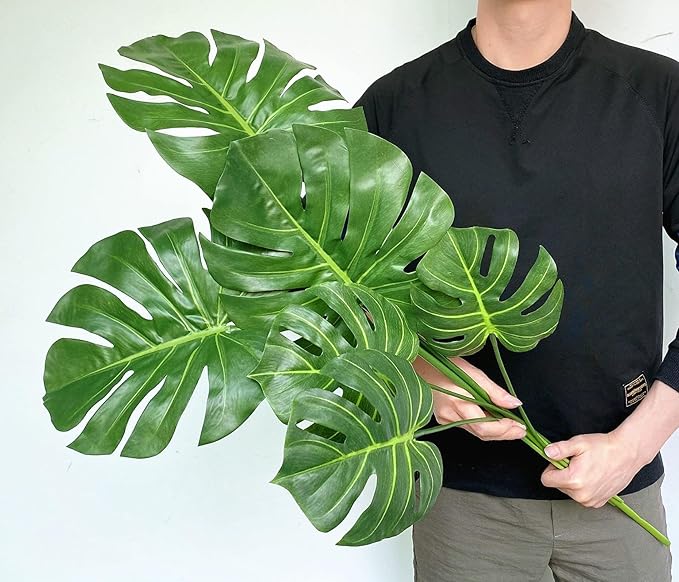 Artificial Monstera Leaves Real Touch Monstera Deliciosa Plant Leaf Stems Faux Tropical Palm Tree Greenery for for Home Indoor Outdoor Decor (Green - Pack of 6pcs)