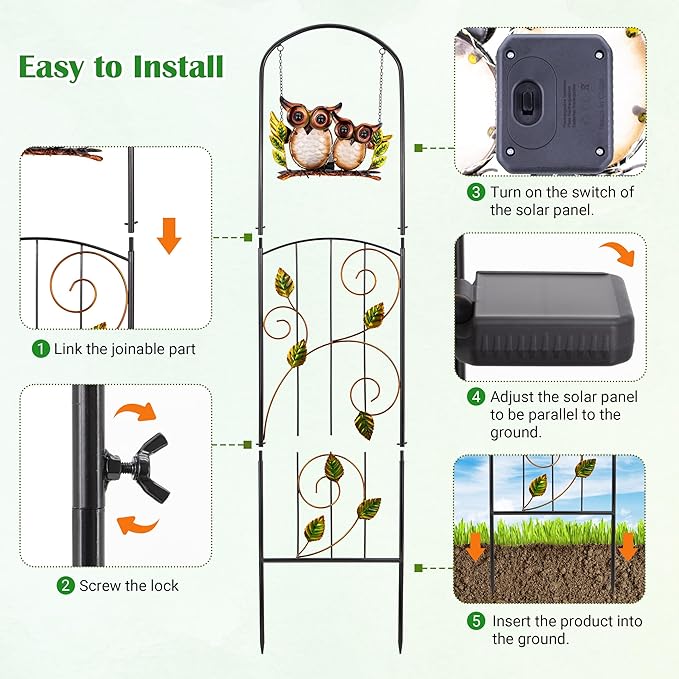 Metal Trellis for Spring,Voumsil Owl Plant Trellis with Solar Lght,for Climbing Plants Outdoor,Garden Decorations Outdoor,Spring Garden Decor,Court Yard,Balcony