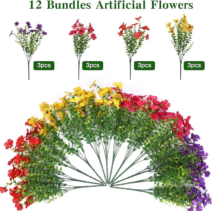 CEWOR 12 Bundles Artificial Flowers for Outdoor Indoor, Fake Silk Daisy with Eucalyptus Leaves, Faux Flower for Garden Front Door Porch Planter Patio Home Decor (Mix Red Purple Yellow Fuchsia)