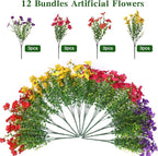 CEWOR 12 Bundles Artificial Flowers for Outdoor Indoor, Fake Silk Daisy with Eucalyptus Leaves, Faux Flower for Garden Front Door Porch Planter Patio Home Decor (Mix Red Purple Yellow Fuchsia)