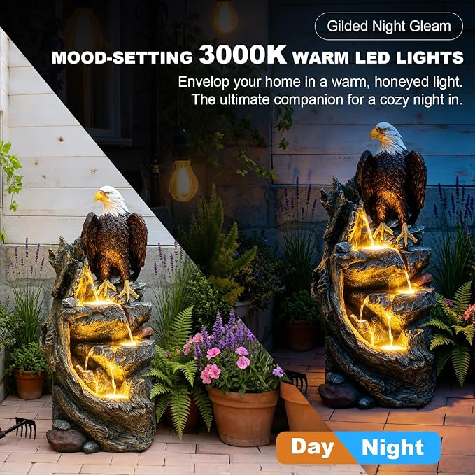 Bald Eagle Outdoor Fountain, 40.5" H Large Cascading Waterfall Garden Fountain with 3000K Warm LED Lights, Realistic Tree Trunk & Rock Water Feature for Garden, Patio, Porch, Yard and Home Art Decor