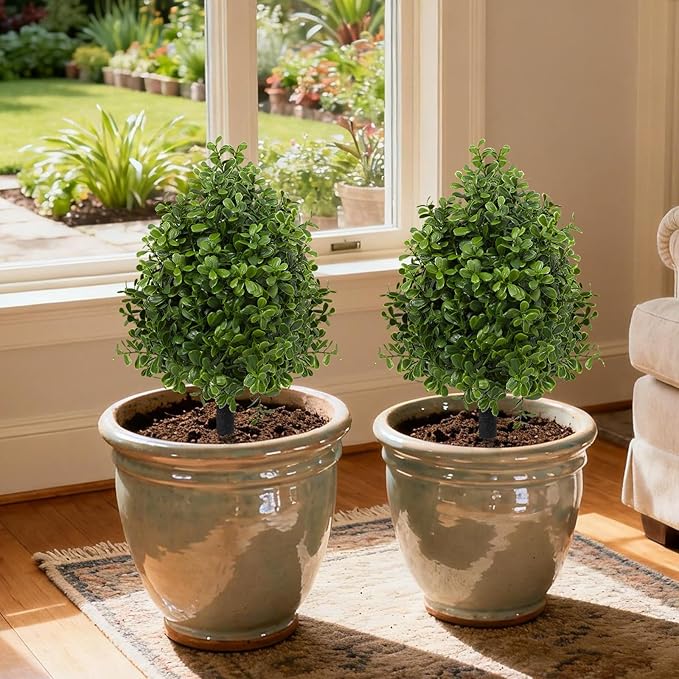 Bdor 22" Artificial Boxwood Topiary Ball Trees, Outdoor Artificial Plant Set of 2 with Ground Stakes, UV Resistant Simulated Evergreen Fake Shrub for Indoor/Outdoor Lawns, Garden Decor