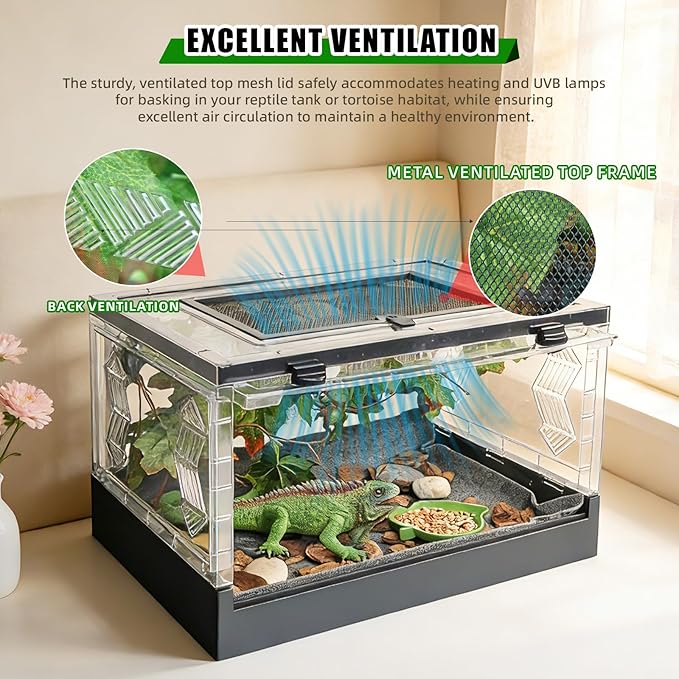 Foldable Reptile Terrarium with Sliding Door Portable Spider Enclosure, Lizard Cage, Plastic Habitat for Tarantula, Tree Frog, Leopard Gecko, Snake, Hermit Crab Ventilated Terrarium Starter Kit Black