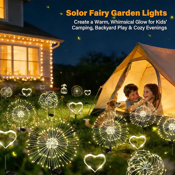 Solar Garden Lights Outdoor Decor Waterproof, 2Pack 120LED Firework Lights for Garden Decorative, Fairy Lights Solar Powered for Yard, Patio,Pathway,Flowerbed,Planter,Party(Warm White)