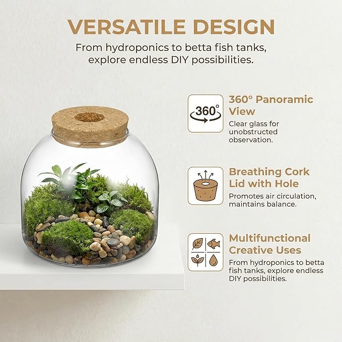 NUOBESTY Glass Terrarium Jar with Cork Lid, Hydroponic Plant Propagation Vase, Clear Round Betta Fish Bowl Tank for Moss Succulent Indoor Desktop Home Decor