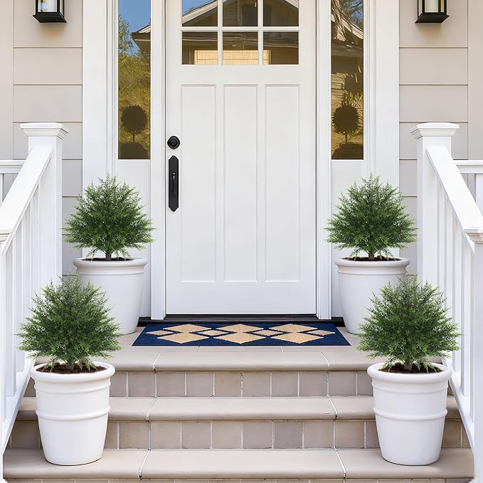 Artificial Cedar Topiary Ball Trees,16'' UV Resistant Fake Evergreen Shrubs Bushes Plants with Ground Spike 2 Set of Fake Plants for Outdoor Indoor Front Porch Garden
