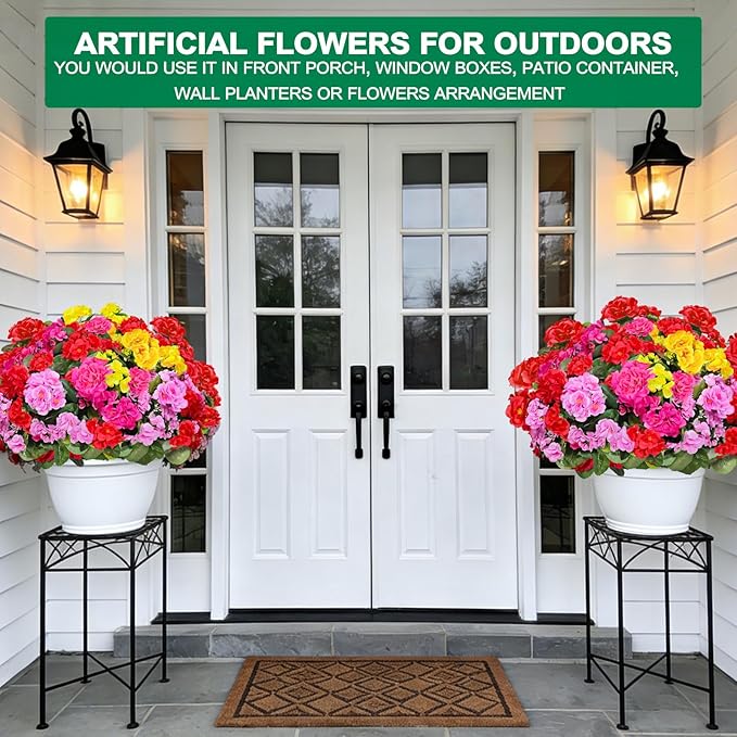 8 Bundles Artificial Geraniums Flowers for Outdoors Summer Decoration, Fake Flowers Silk Color Flowers UV Resistant No Fade Look Real Faux Plants for Porch Gardens Planter Patio Spring Cemetery Decor