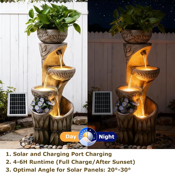 4 Tiered Solar Water Fountain Outdoor Garden, 35.6" Tall Cascading Bowl Leaf Carved Outdoor Waterfall Fountains Modern Water Feature with Dual Planters for Garden, Patio, Deck, Yard, Indoor Decor