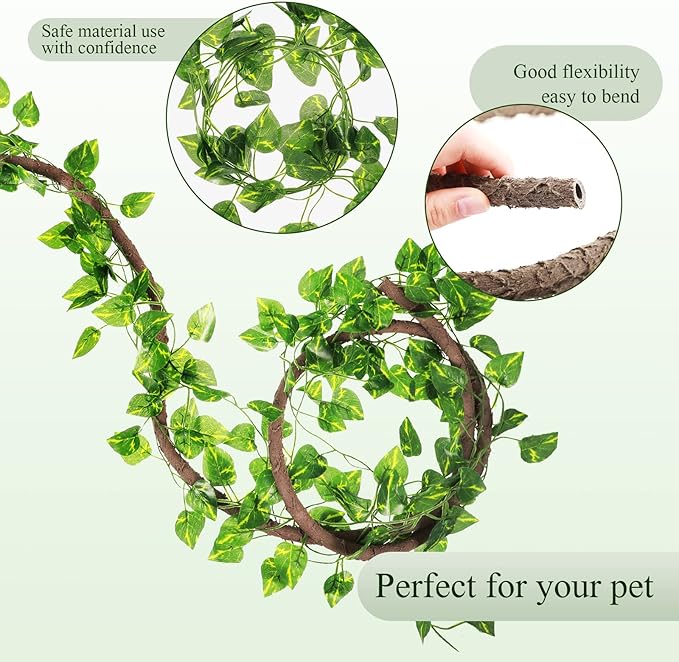 Canlierr 4 Pcs Reptile Vines, Flexible Bendable Jungle Climbing Vine Terrarium, Fake Plants for Reptiles, Artificial Leaves Terrarium Tank Pet Habitat Decor for Bearded Dragons, Lizard, Snake, Gecko