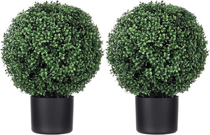 HOMCOM Set of 2 20.5" Artificial Ball Boxwood Topiary Trees with Pot, Indoor Fake Plants for Home Office & Living Room Decor