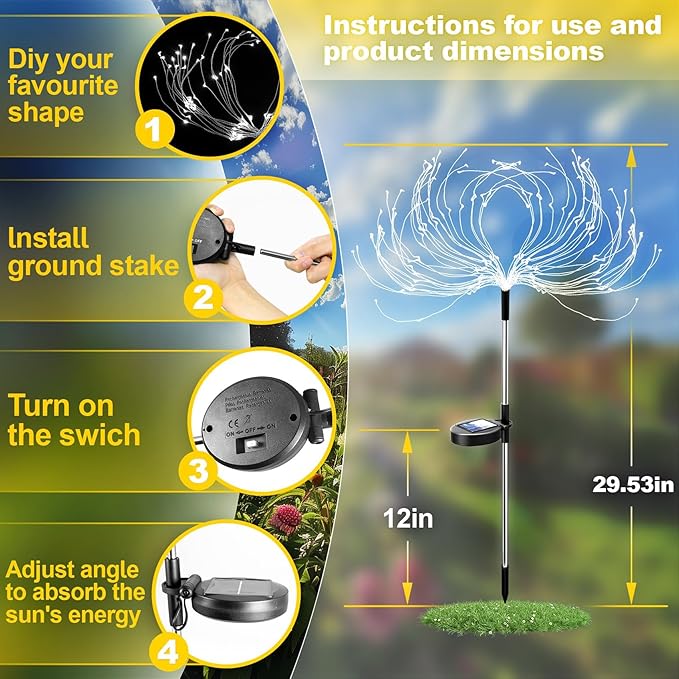 Anordsem Solar Garden Lights Outdoor: Flexible Copper Wire 120 LED Firework White 2 Pack - Waterproof DIY Decorations for Yard Pathway Patio - Gardening Gifts for Women Gardeners Homeowners