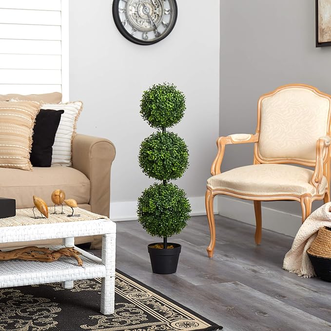 Nearly Natural 36in Artificial Triple Ball Boxwood Topiary Tree - Indoor Outdoor Realistic Faux Greenery for Home Patio Office Decor, Low Maintenance