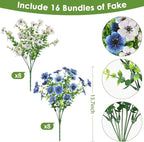 16 Bundles Artificial Flowers for Outdoors, Realistic Fake Silk Flowers for Outside, No Fade Faux Eucalyptus Plants for Outdoor Planter, Window Box, Hanging Basket - Porch Patio Garden Decor