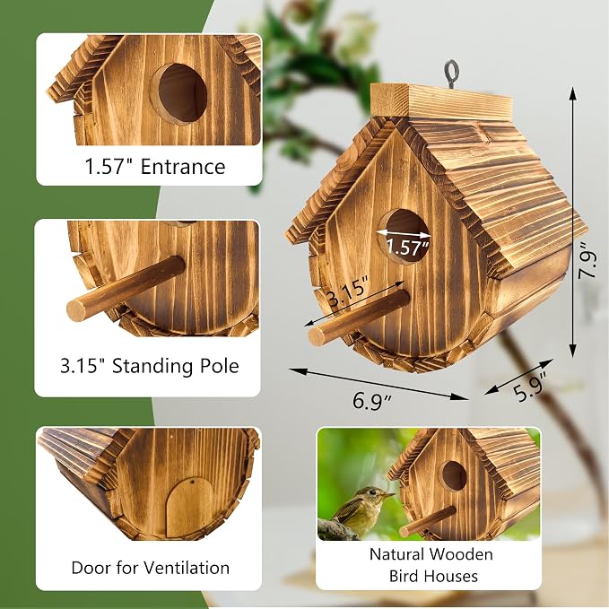 1 Pack Wren Houses for Outdoors,Natural Wooden Hanging Bird House for Chickadee,Bluebird,Handmade from Natural Wood for Garden Decorations