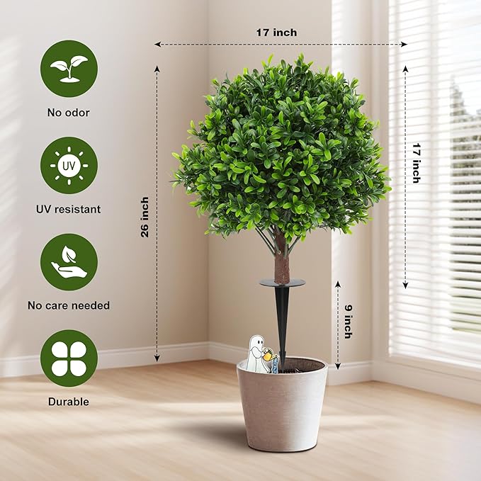 JTING' CHOISIR Set of 2 Artificial Boxwood Topiary Ball Trees with Ground Spike, 26 Inches UV Resistant Fake Plant Bushes Shrubs, for Indoor Outdoor Front Porch Garden (Boxwood)