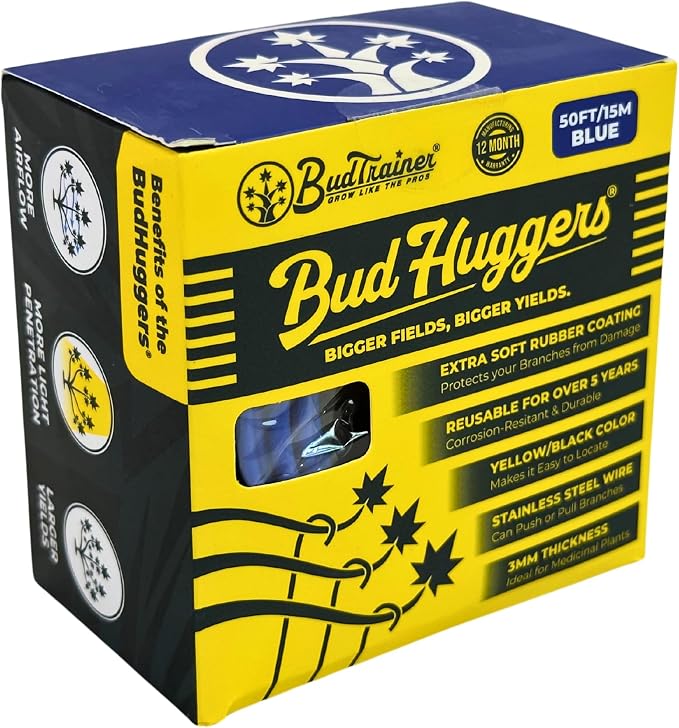 BudHuggers (Blue) for Optimal Plant Training | 50ft (15M) | 3mm Thick Garden Wire Ties | Flexible & Durable | Rubber Plant Ties to Yield Bigger Buds, Stronger Branches & Larger Canopies