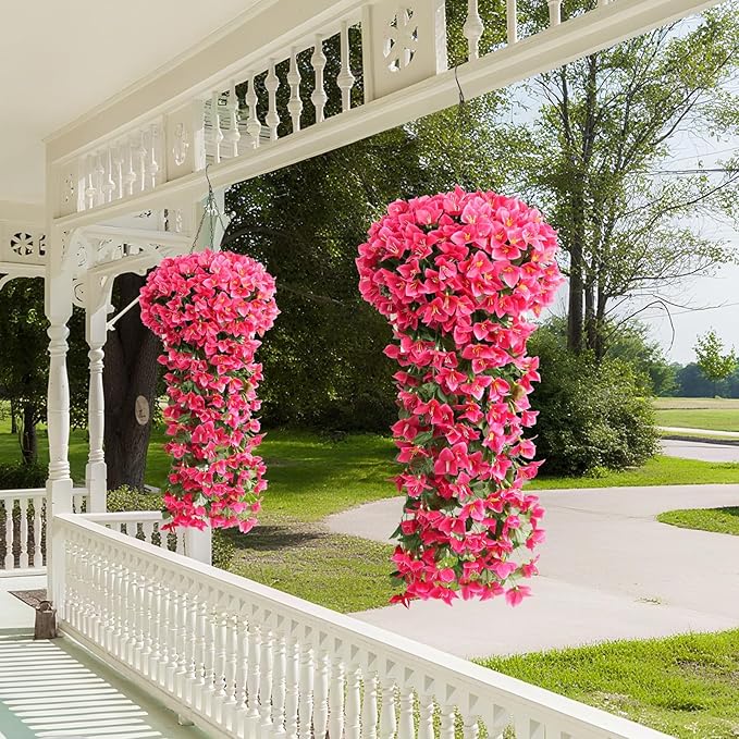 ATTGREAT Artificial Bougainvillea for Outdoors Faux Plants UV Resistant Flowers Fake Plastic Plants Realistic Silk Flowers for Porch Planter Garden Outside Hanging Decoration, 2Pcs (Rose Red)