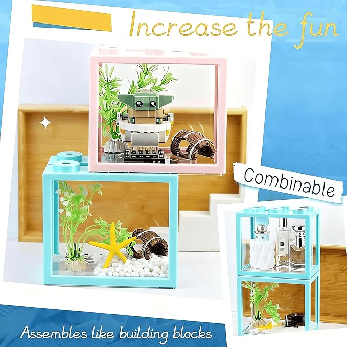 Small Betta Fish Tank, Stackable Mini Fish Tank Tiny Aquarium Kit with Aquarium Gravel & Resin Decorations, 0.6 Gallon Cube Desktop Fishbowl for Snails, Crabs, Starfish (Light Blue)