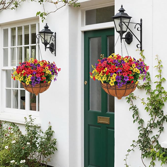 CEWOR 24 Bundles Artificial Flowers for Outdoor Indoor, Fake Silk Daisy with Eucalyptus Leaves, Faux Flower for Garden Front Door Porch Planter Patio Home Decor (Mix Red Purple Yellow Fuchsia)