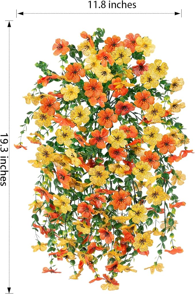 HyeFlora Artificial Flowers for Outdoors Decoration, 2Pcs Fake Hanging Spring Decor, Yellow and Orange Realistic Plants, UV & Fading Resistant Silk Flower for Porch Patio Balcony Planter Yard