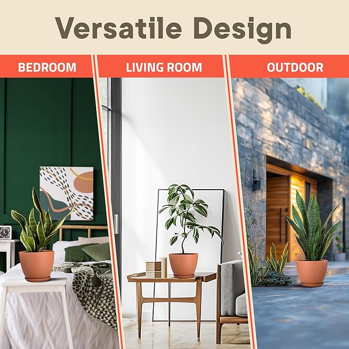 Planter Pots with Drainage Holes - Lightweight, Durable, and Space-Saving Pots for Indoor and Outdoor - Versatile Functionality, Simple Modern Design, Set of 3 Plastic Planter Pots - Terracotta