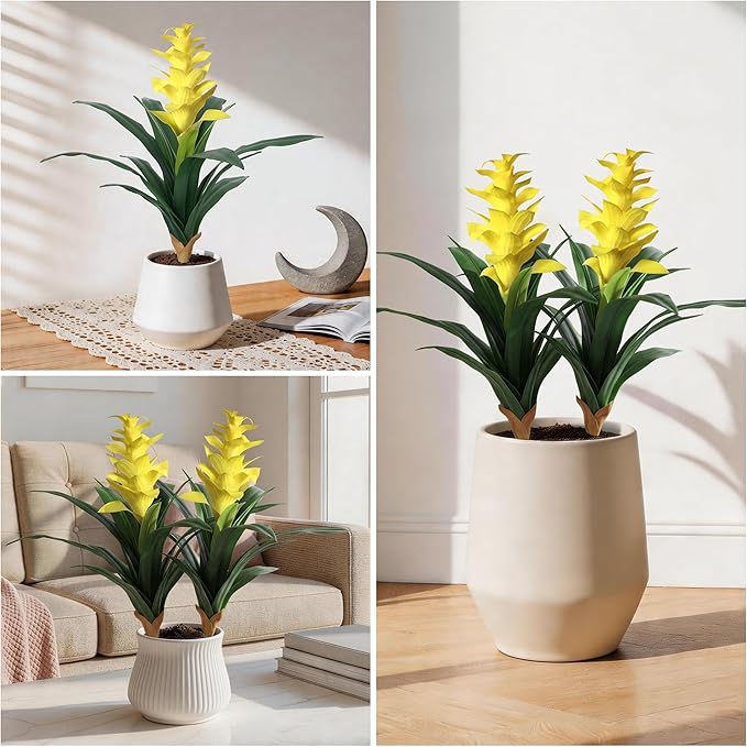 Ivydale Fake Flowers Plants for Outdoors, 2 Pcs 16.93" Bromeliad Artificial Flowers Uv Resistant Realistic Faux Flowers for Outdoor Planters Outside Porch Patio Yard Garden Indoor Decoration(Yellow)