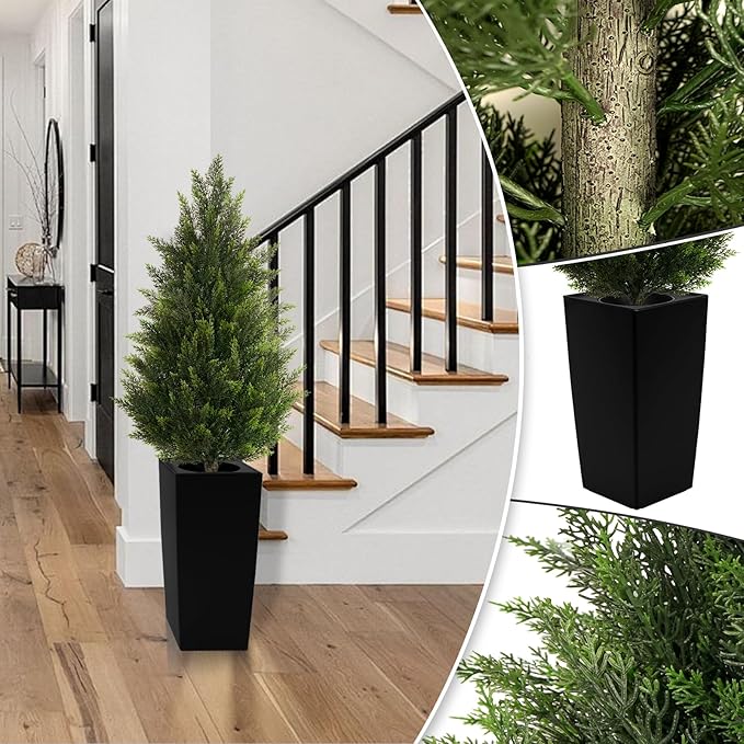 4FT Tall Artificial Cedar Topiary Tree with Compact Pyramidal Shape, Realistic Faux Cypress in Square Black Pot with Fillable Water Bag, Outdoor Evergreen for Front Porch Garden Home Decor
