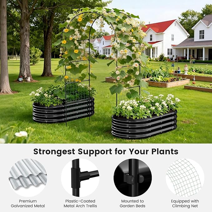 3 in 1 Galvanized Raised Garden Bed with 87" H Arch Trellis for Climbing Plants, Outdoor Gardening Planter Box with Climbing Net for Flower Vegetables Fruits Herbs, Black