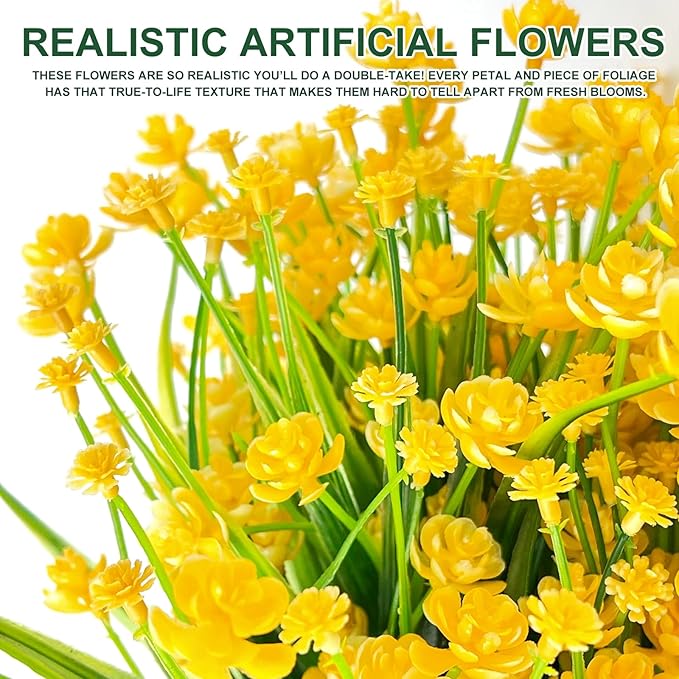 TURNMEON 20 Bundles Artificial Flowers for Outdoors, Spring Grass Camellia Fake Flowers Plastic Plants,UV Resistant No Fade Faux Greenery for Gardens Porch Yards Summer Cemetery Decor 500 Head(Yellow)