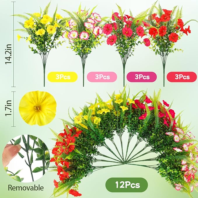 Artificial Flowers for Outdoors 12 Bundles Artificial Petunias Fake Flowers UV Resistant Shrubs Plants with Fern for Indoor Outside Hanging Planters Home Garden Spring Summer Decorations