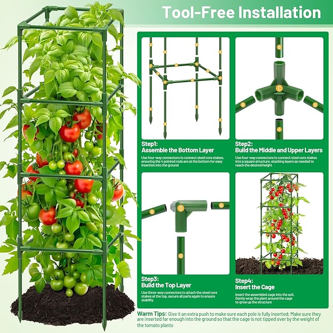 Legigo 4 Pack Square Tomato Cages- 60 Inch Heavy Duty Tomato Trellis for Climbing Plants Outdoor, Tomato Plant Support Stakes Cage Garden Trellis for Garden Raised Garden Bed Cucumbers Vegetables