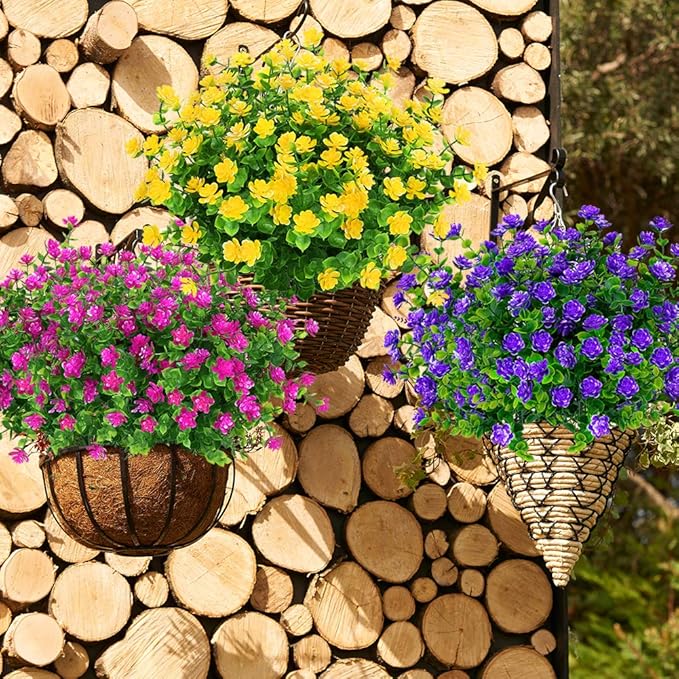 12 Bundles Outdoor Artificial Flowers UV Resistant Fake Boxwood Plants, Faux Greenery for Indoor Outside Hanging Plants Garden Porch Window Box Home Wedding Farmhouse Décor (Yellow)