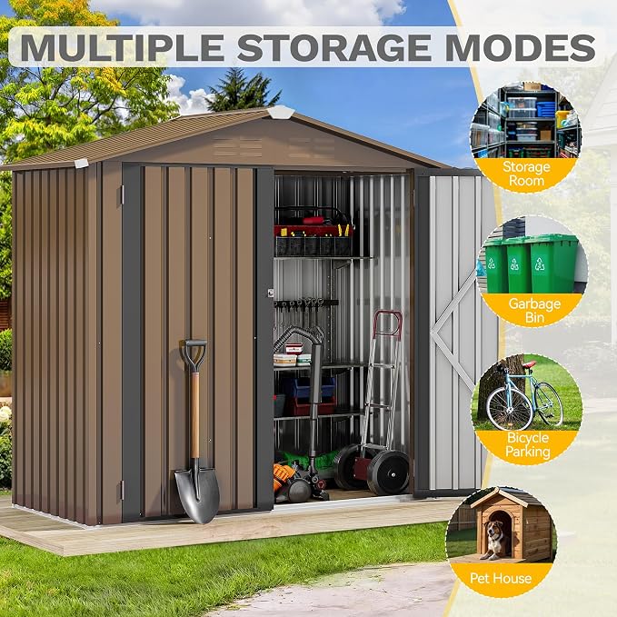 DWVO 6x4ft Outdoor Storage Shed, Lockable Metal Tool Storage Sheds, Waterproof Garden Sheds with Vents for Backyard, Patio, Garage, Lawn, Brown