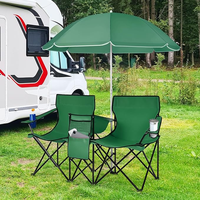 Goplus Double Camping Chair with Umbrella, Folding Loveseat Chairs w/Canopy Shade, Carrying Bag, Table, Cup Holder, Portable Beach Chairs Outdoor Picnic Patio (Green)