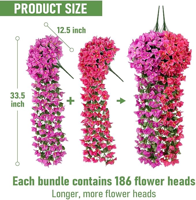 ATTGREAT Artificial Bougainvillea for Outdoors Faux Plants UV Resistant Flowers Fake Plastic Plants Realistic Silk Flowers for Porch Planter Garden Hanging Decoration, 2Pcs(Purple Red & Rose Red)