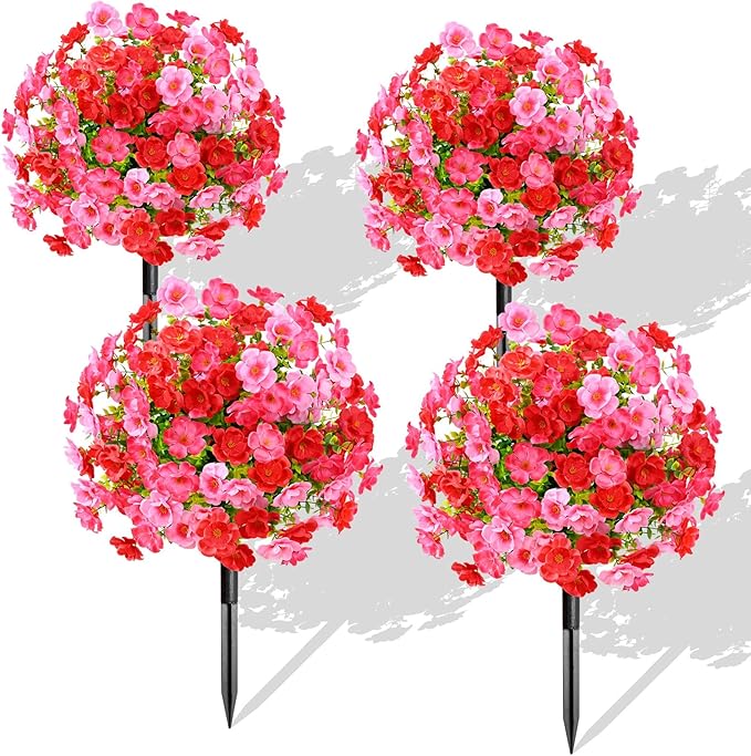 Waipfaru Set of 4 Artificial Boxwood Topiary with Colorful Flowers, 23" UV Resistant Fake Bushes Faux Outdoor Plants, Artificial Shrubs with Ground Spike for Outdoor Garden Front Porch(Red, Pink)