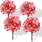 Waipfaru Set of 4 Artificial Boxwood Topiary with Colorful Flowers, 23" UV Resistant Fake Bushes Faux Outdoor Plants, Artificial Shrubs with Ground Spike for Outdoor Garden Front Porch(Red, Pink)