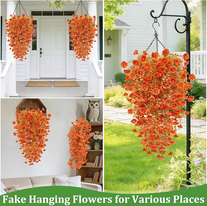 TURNMEON 4 Pcs Artificial Hanging Flowers for Outdoors Decorations Faux Flowers Plants for Outdoors, Silk Morning Glory with Eucalyptus Look Real UV Resistant for Home Yard Porch Outdoor(Orange)