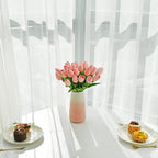 Mandy's Light Pink Artificial Tulips Flowers Centerpiece, 13.5" Lifelike PU Fake Floral Stems 28pcs with Vase for Kitchen Island & Dining Table, Spring Decor for Easter
