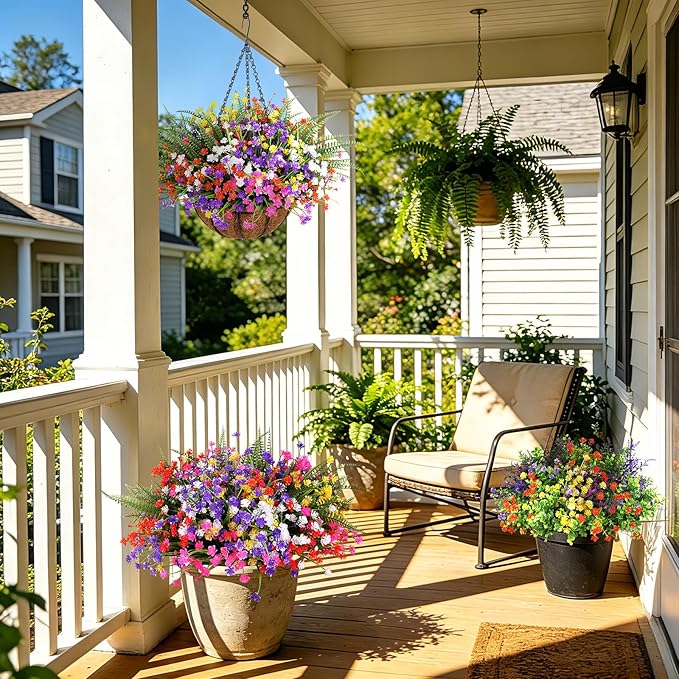 24 Bundles Artificial Outdoor Flowers, UV Resistant Faux Flowers for Outdoor Planters, Plastic Fake Plants for Front Porch Patio Garden Hanging Basket