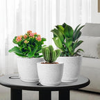 WSMKSZ 10/9/8 inch Medium Plant Pots, Set of 3 Modern Decorative Plastic Planters with Drainage Holes and Saucers for Garden House Plants, Flower Pots for Indoor Outdoor Plants, Speckled White